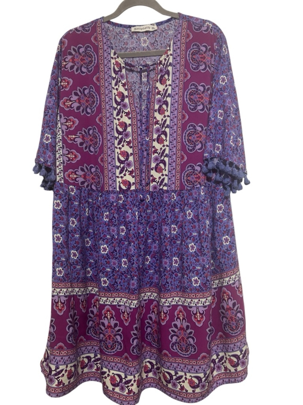 Rusttydustty Boho Floral Tiered Dress - Purple/Pink - V-Neck - Size 2X